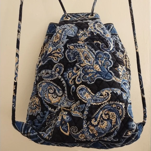 Vera Bradley Drawstring Backpack Blue Floral and Plaid Pattern - Picture 3 of 16
